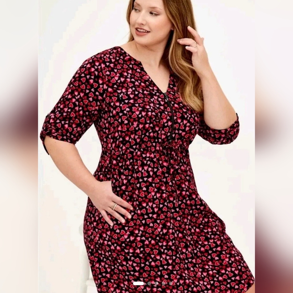 4x Torrid Hearts Zip Front Shirt Dress Stretch Challis Women's Black Pink